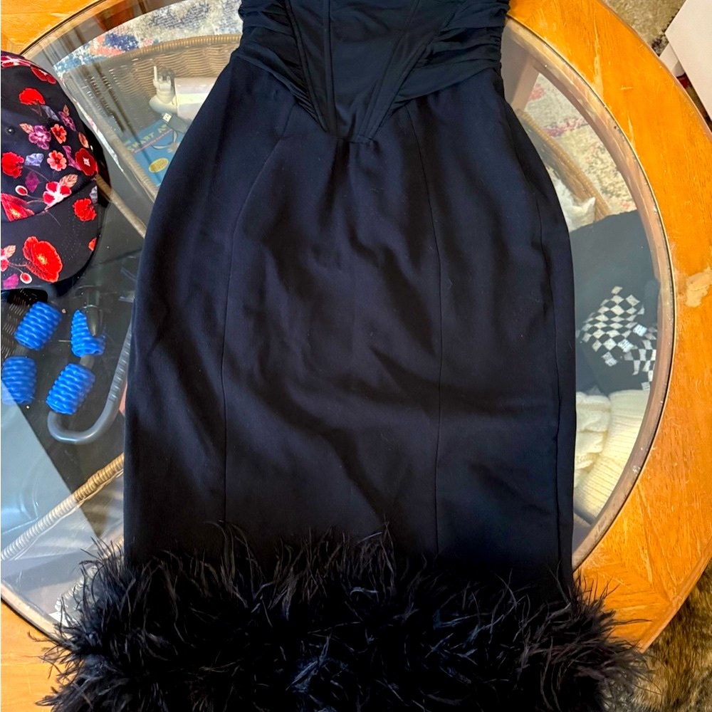 Elegant Black Feather Trim Dress